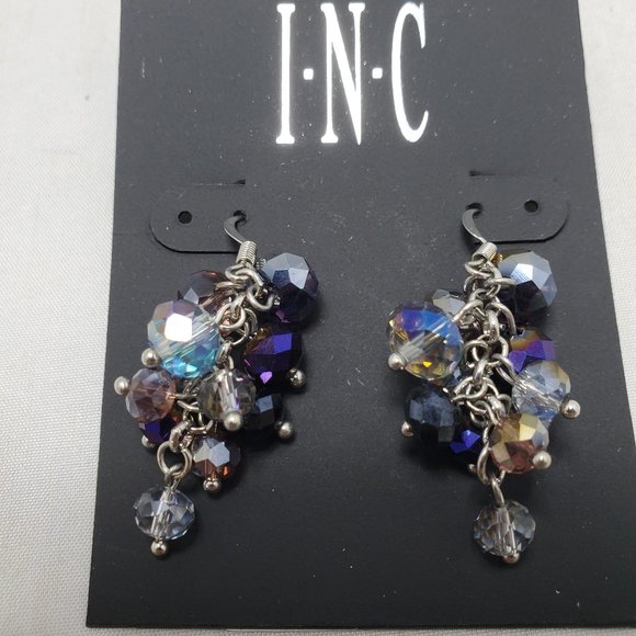 INC purple crystal cluster beaded silver dangle fish hook earring - Picture 3 of 5